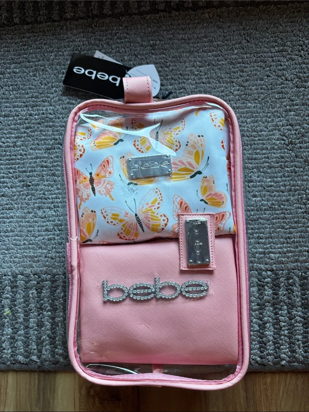 bebe Pink Butterfly Travel Cosmetic Bag Set